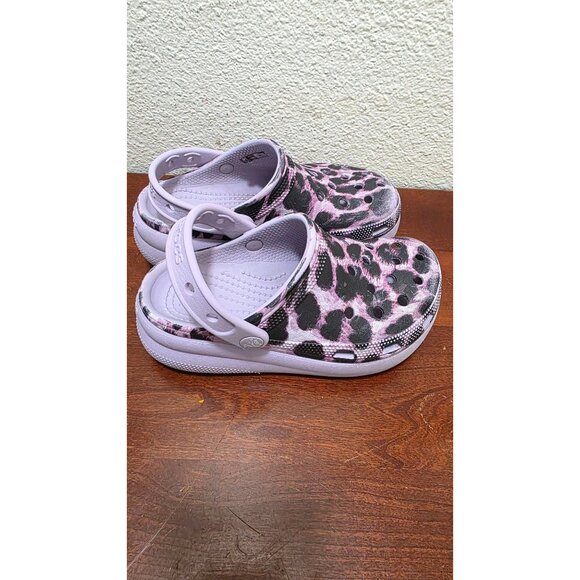 Crocs Kids Wedge Clog Sandals Purple & Black Leopard Print Size 1 - Picture 3 of 7